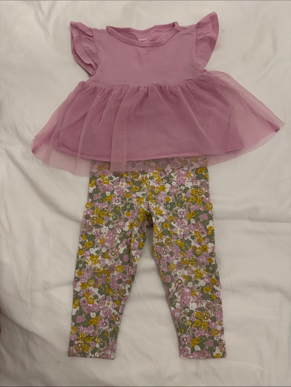 12M Girl Pink Tulle Top & Floral Leggings Set